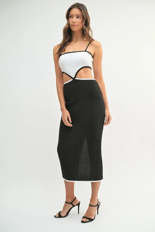 MABLE Black Ribbed Knit Color Block Cutout Midi Dress Midi Dresses