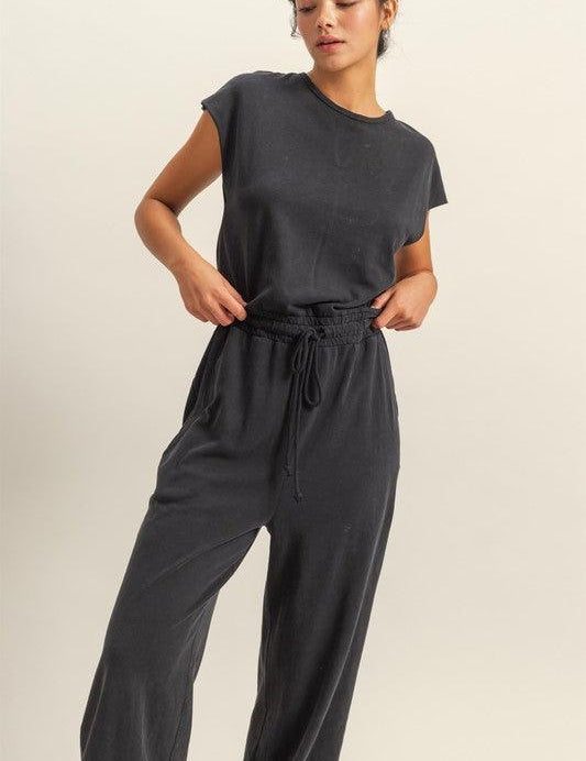 Black HYFVE Back Keyhole Round Neck Cap Sleeve Drawstring Jumpsuit | Jumpsuits Daverri Fashions
