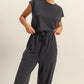 HYFVE Back Keyhole Round Neck Cap Sleeve Drawstring Jumpsuit Black Jumpsuits