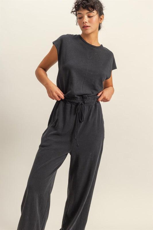 HYFVE Back Keyhole Round Neck Cap Sleeve Drawstring Jumpsuit Black Jumpsuits