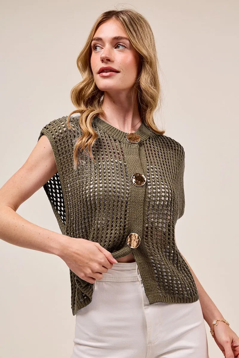 SO ME Big Metal Button Front Openwork Sweater Vest MOCHA Sweater Vests