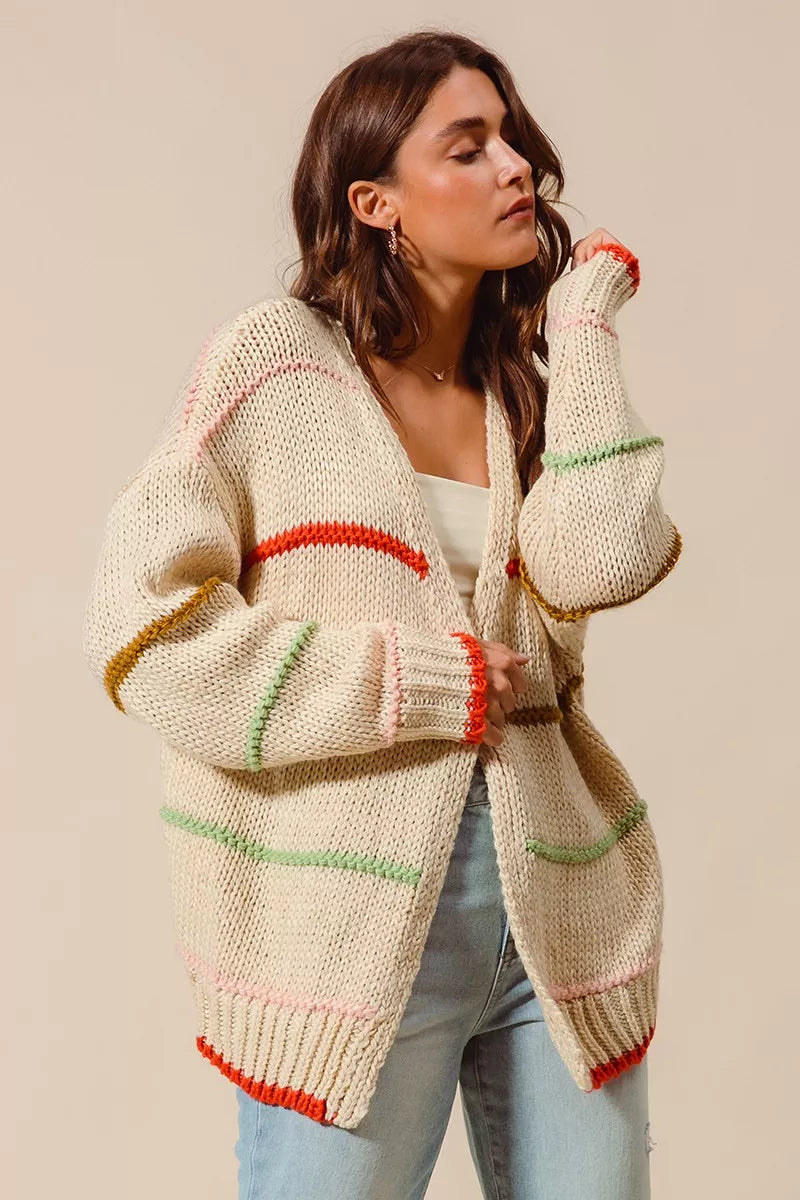 SO ME Loose Fit Multi Stripe Open Front Cardigan | Daverri Fashions
