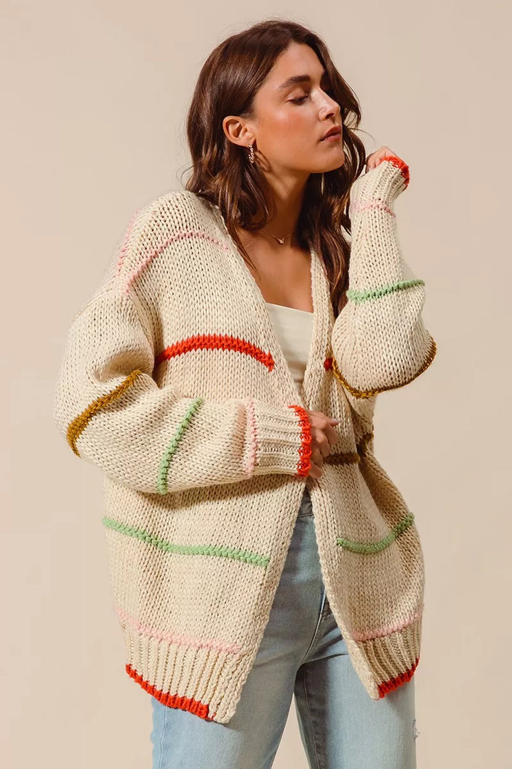 SO ME Loose Fit Multi Stripe Open Front Cardigan | Daverri Fashions