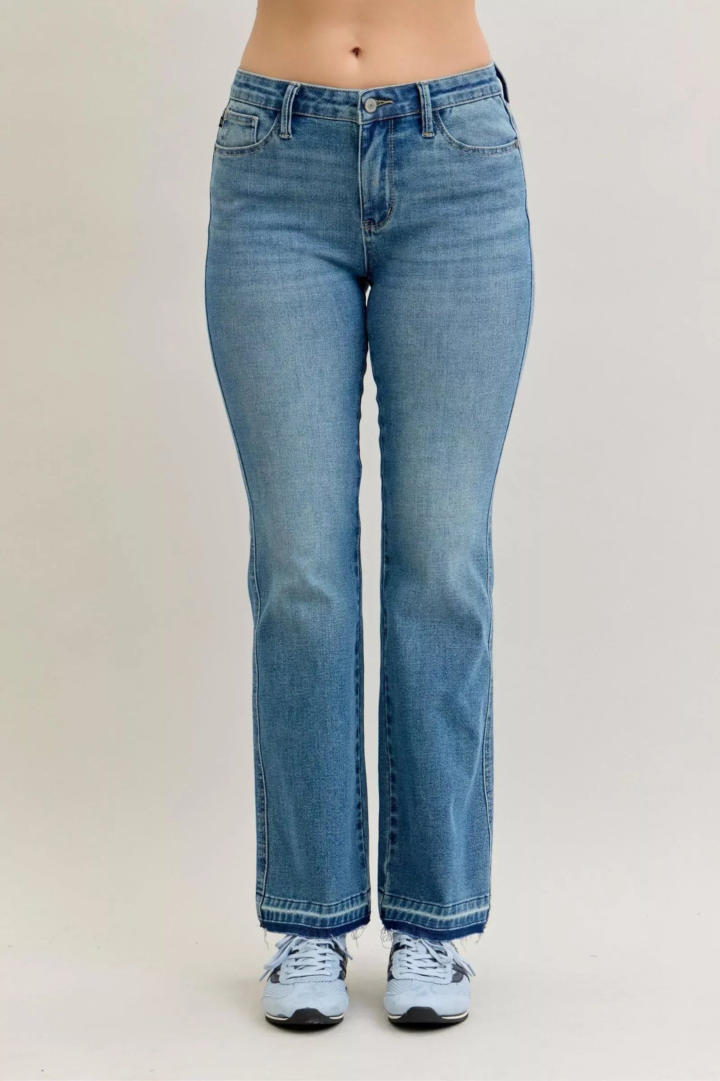 Judy Blue Full Size Mid Rise Slim Bootcut Tummy Control Release Hem Jeans Plus Size - DAVERRI FASHIONS