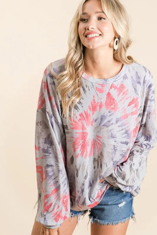 BiBi Tie Dye Print Terry Pull Over | Tops Daverri Fashions