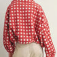 Red and white checkered Daverri Plaid Zip Up Sherpa cropped jacket