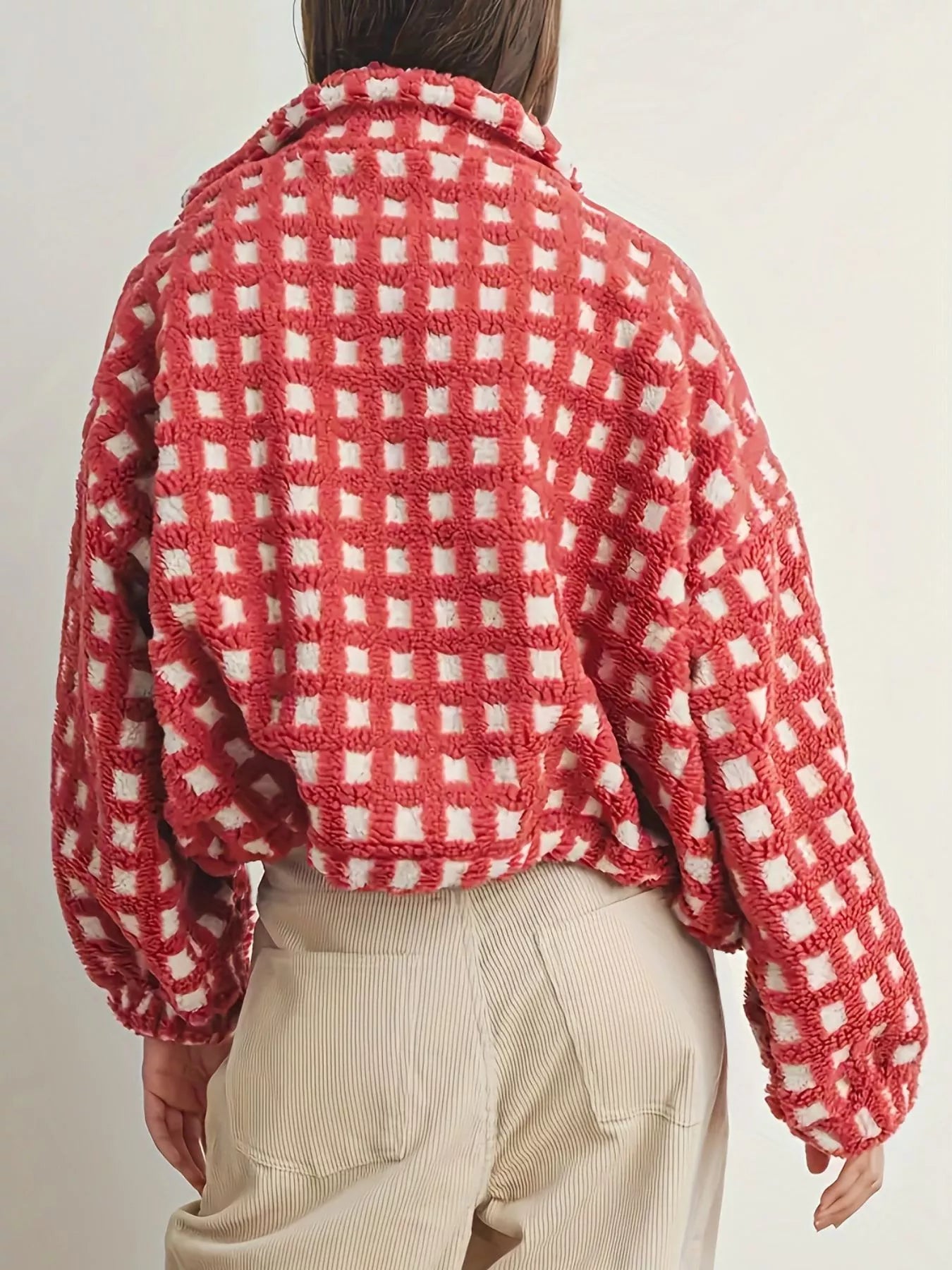 Red and white checkered Daverri Plaid Zip Up Sherpa cropped jacket