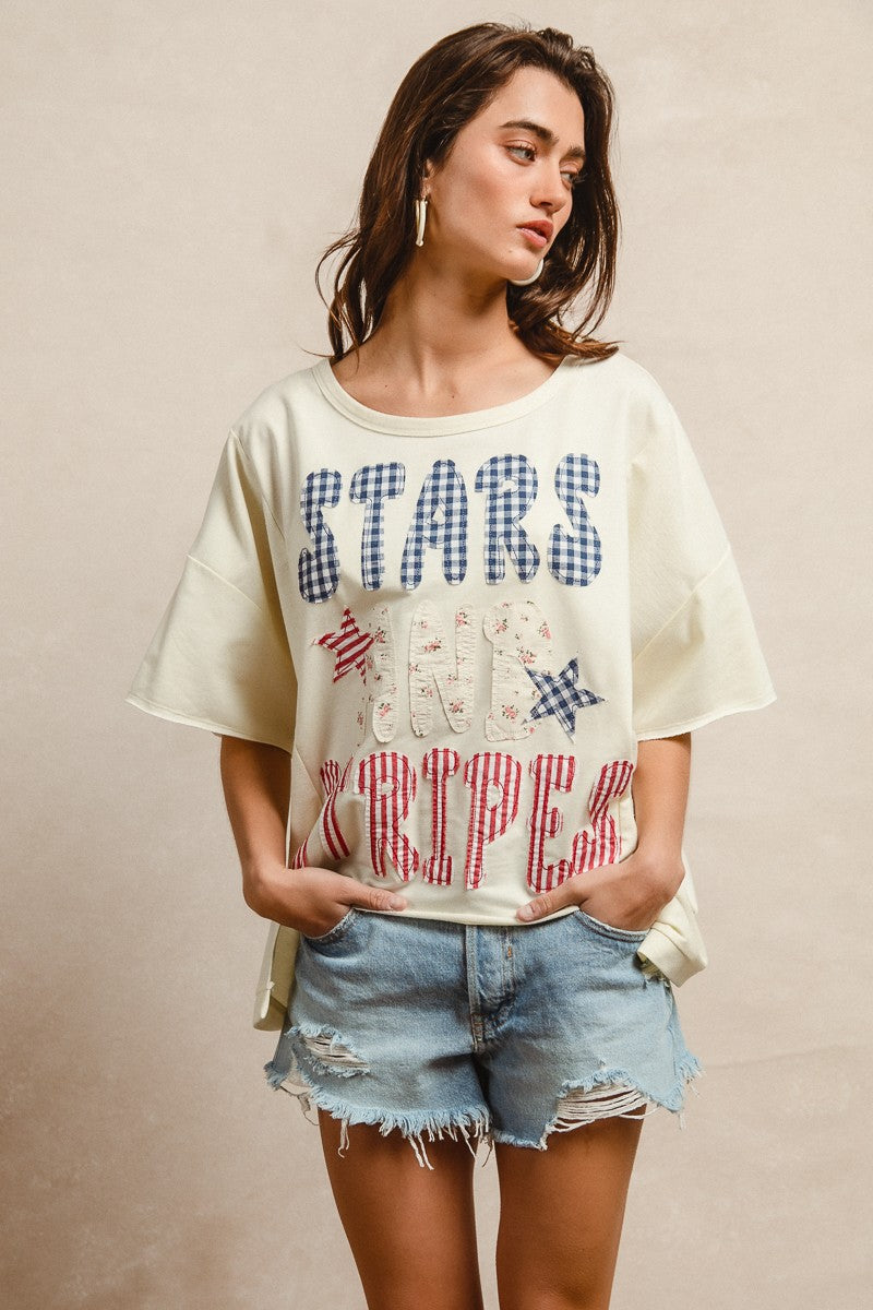 BiBi Stars and Stripes patchwork tee with cream oversized stars print