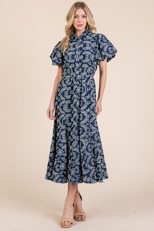 GeeGee Natural Leaf Pattern Eyelet Lace Puff Sleeve Dress