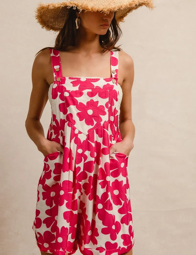 BiBi Floral Prints Tuck Detail Short Overall With Pockets | Overalls Daverri Fashions