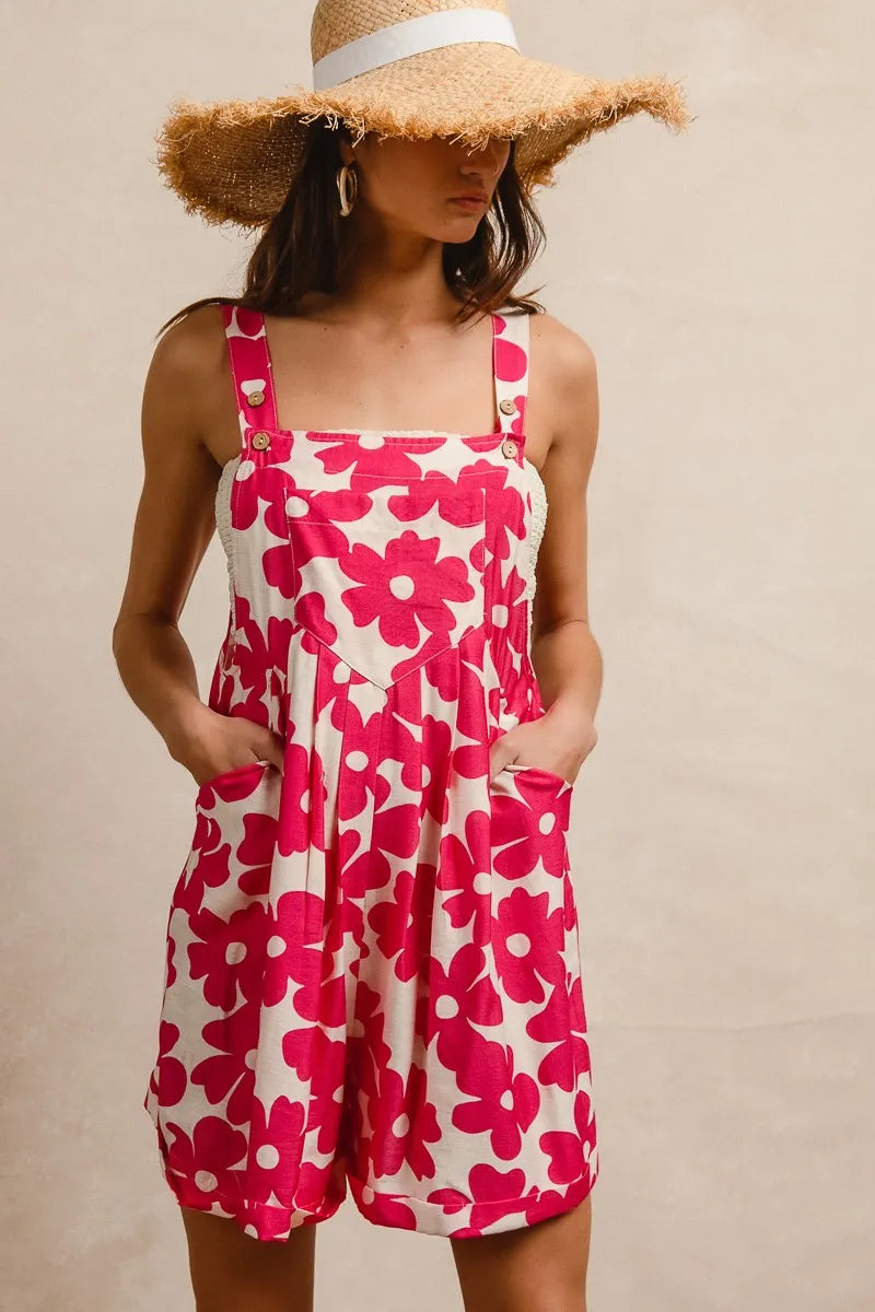BiBi Floral Prints Tuck Detail Short Overall With Pockets Overalls