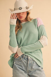Aemi + Co Raw Seam Color Block Round Neck Knit Top | Tops Daverri Fashions