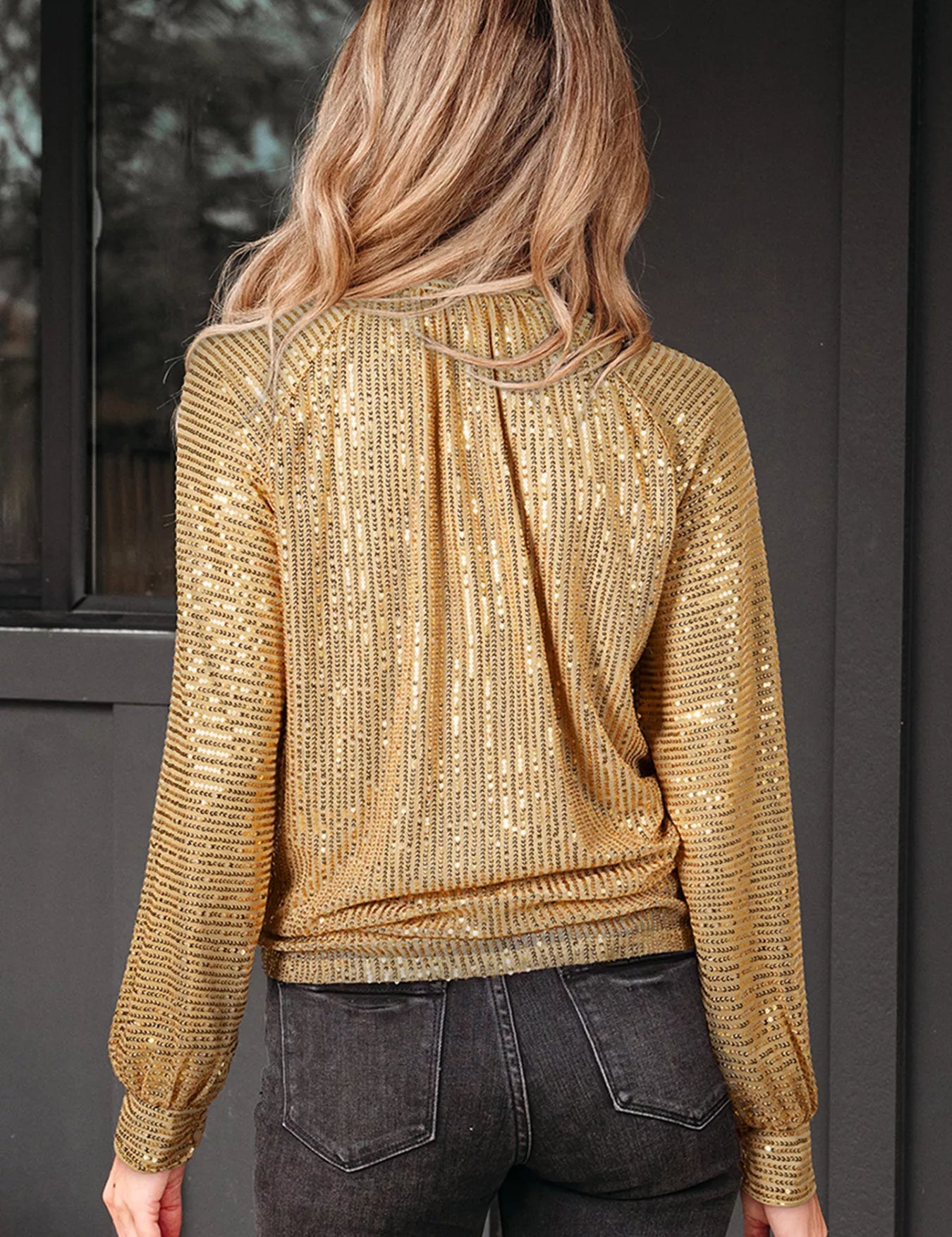 Gold sequined blouse with ruched back and balloon sleeves