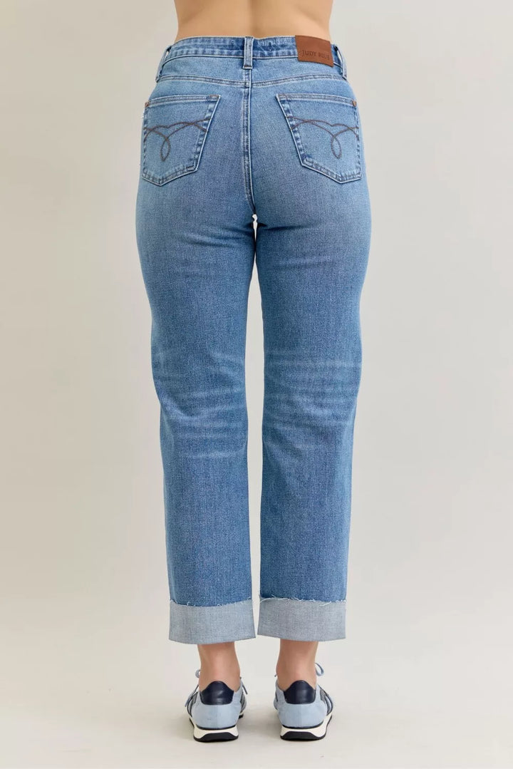 Judy Blue High Waist Bf Criss-cross Mild Destroy Jeans with Single Cuff | Daverri Fashions