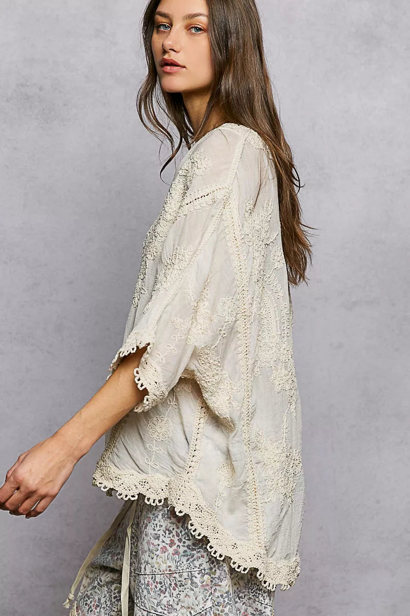 Pol floral embroidered top with trim edge, off-white lace overlay and floral embroidery