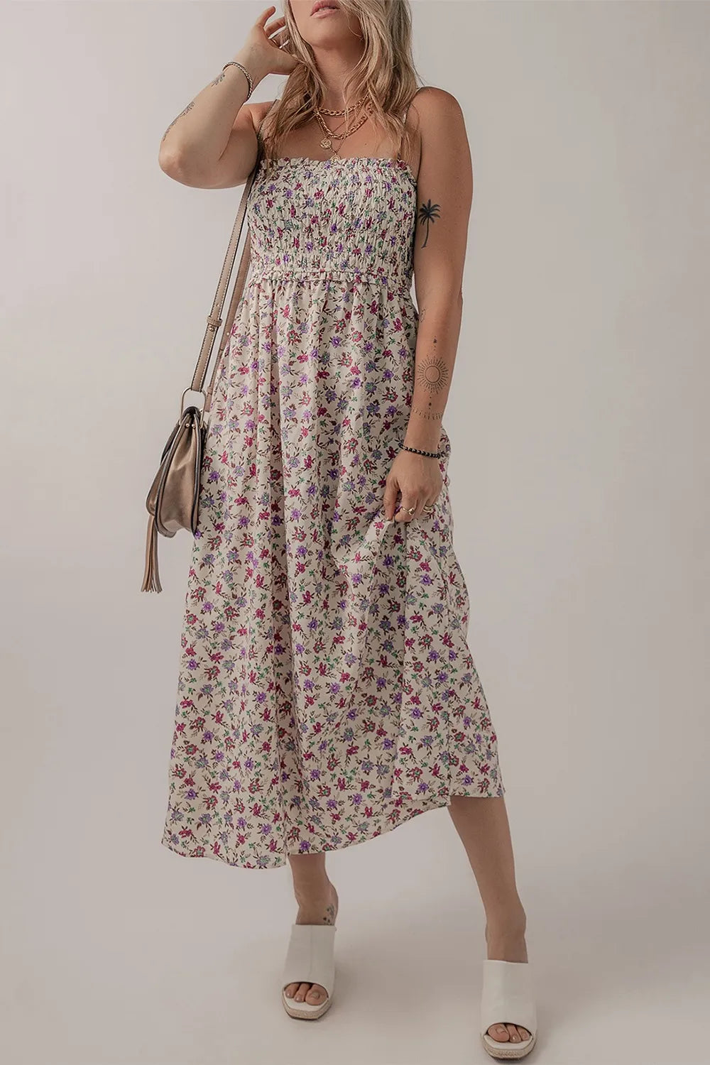 Multicolour bohemian ditsy floral smocked fit flare sundress in off-white with red and purple blossoms