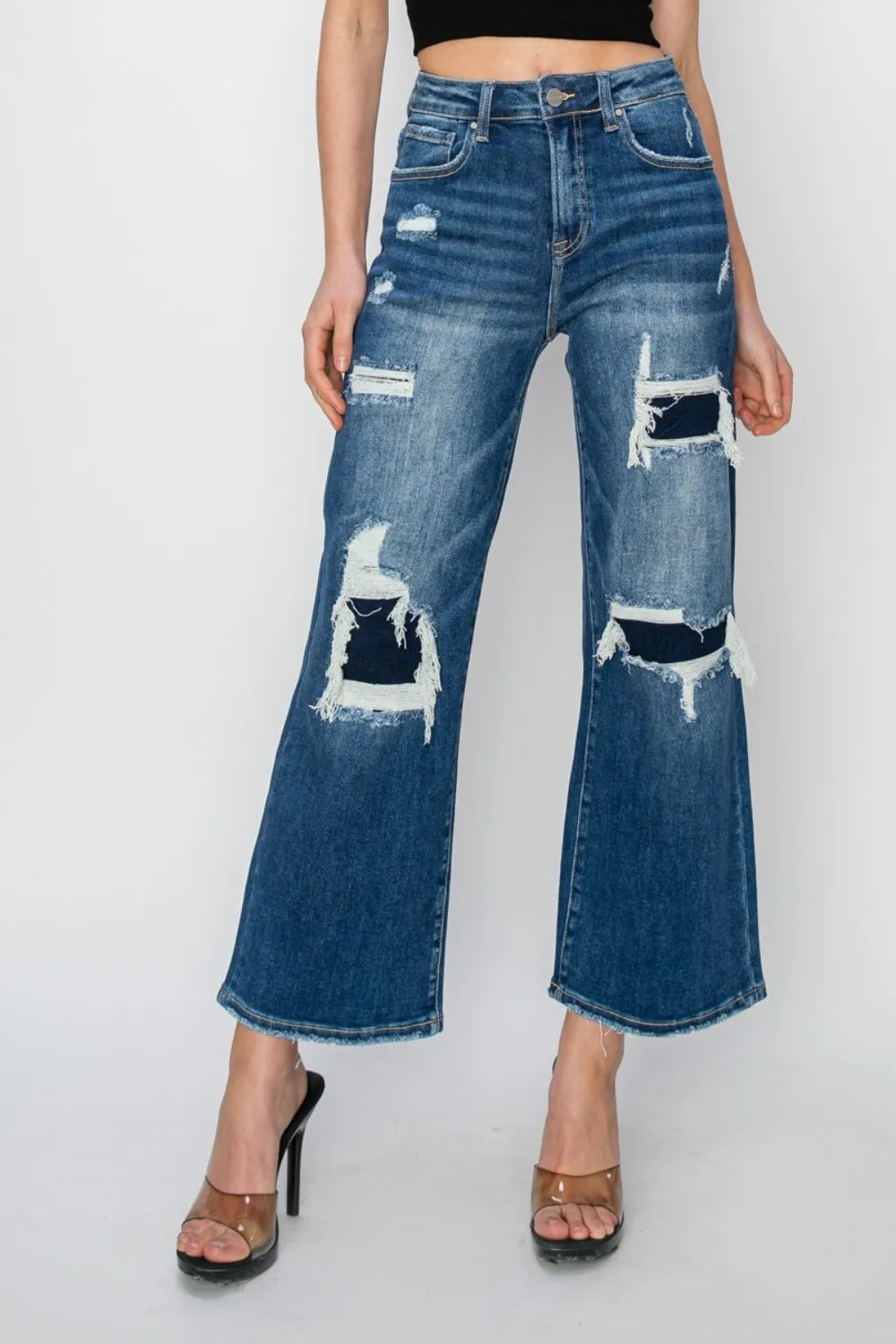 Medium Risen Full Size High Rise Patch Detailed Wide Leg Crop Jeans | Jeans Daverri Fashions