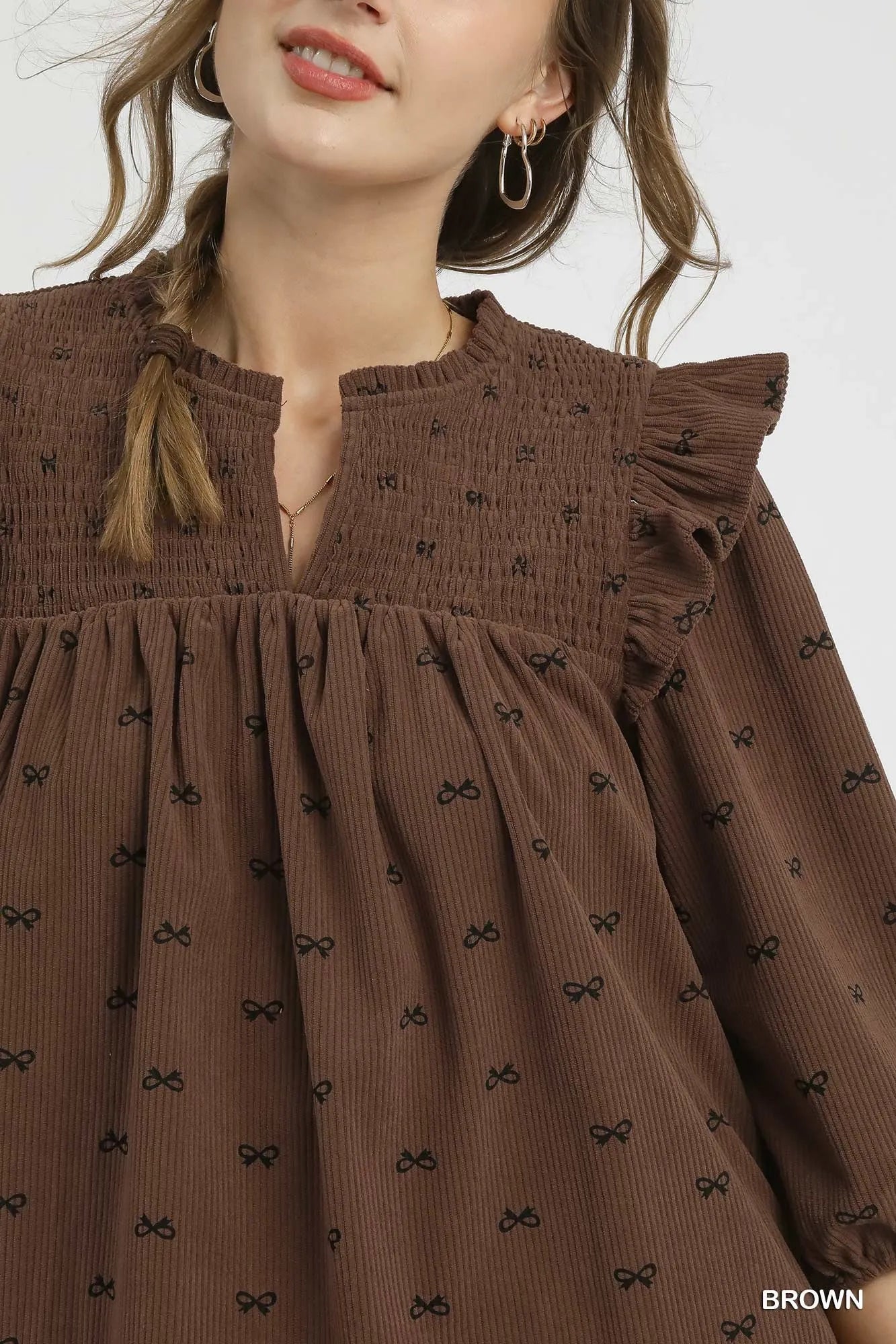 Umgee Bow Print Corduroy Puff Sleeve Blouse with Ruffled Blouses