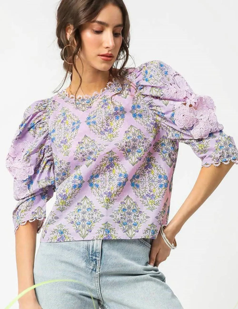 Pink Purple S Umgee Printed Lace Puff Sleeve Blouse | Daverri Fashions