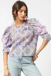 Pink Purple S Umgee Printed Lace Puff Sleeve Blouse | Daverri Fashions