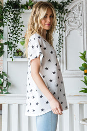 Heimish Full Size Star Print Short Sleeve V-Neck Waffle Knit T-Shirt | Daverri Fashions