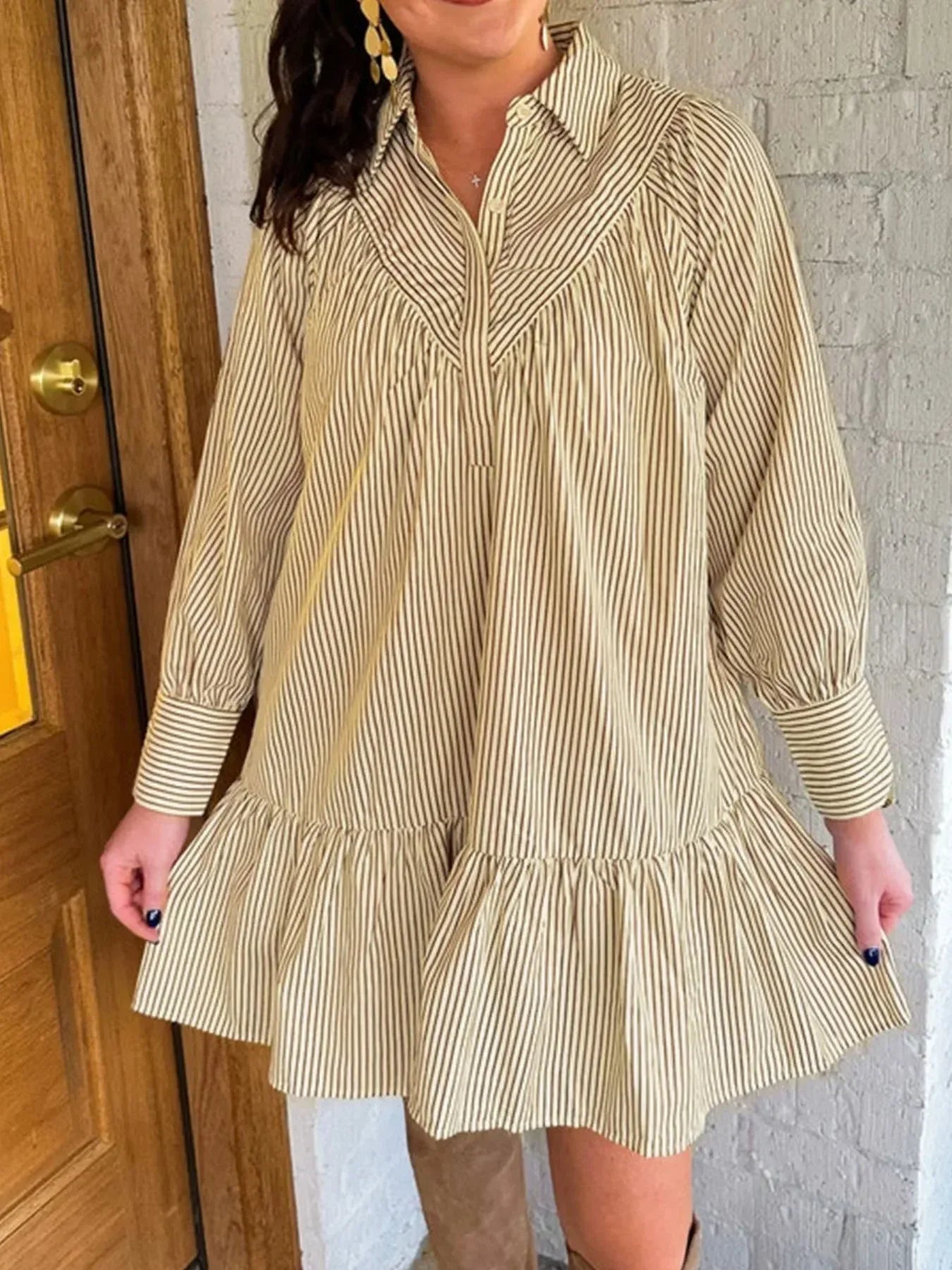 Stripe Collared Neck Cuffed Long Sleeve Drop Waist Mini Dress - DAVERRI FASHIONS