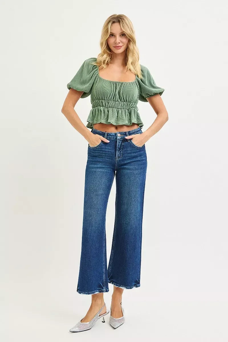 RISEN Tummy Control 4 Way Stretch High Rise Crop Wide Leg Jeans - DAVERRI FASHIONS