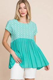 Lime 'N' Chili Full Size Embroidered Short Sleeve Pleated Babydoll Top Plus Size | Tops Daverri Fashions