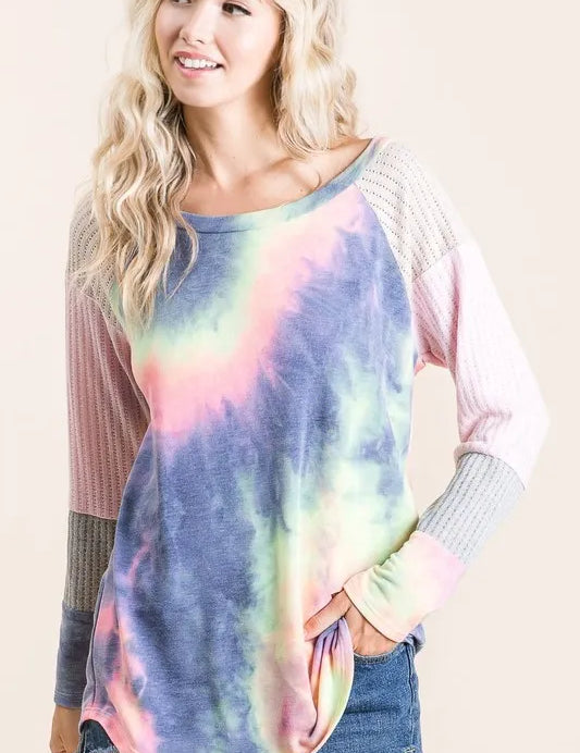 BiBi Tie Dye Terry Top With Color Block Pointelle Knit | Tops Daverri Fashions