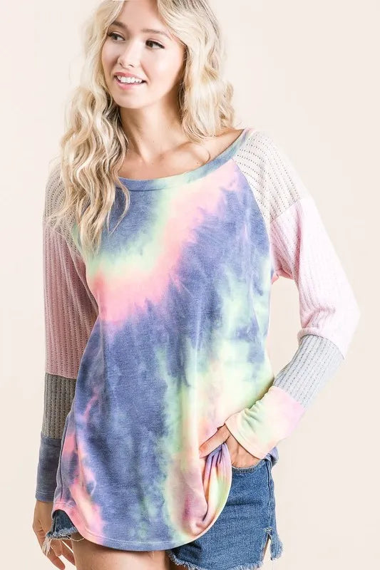 BiBi Tie Dye Terry Top With Color Block Pointelle Knit Tops