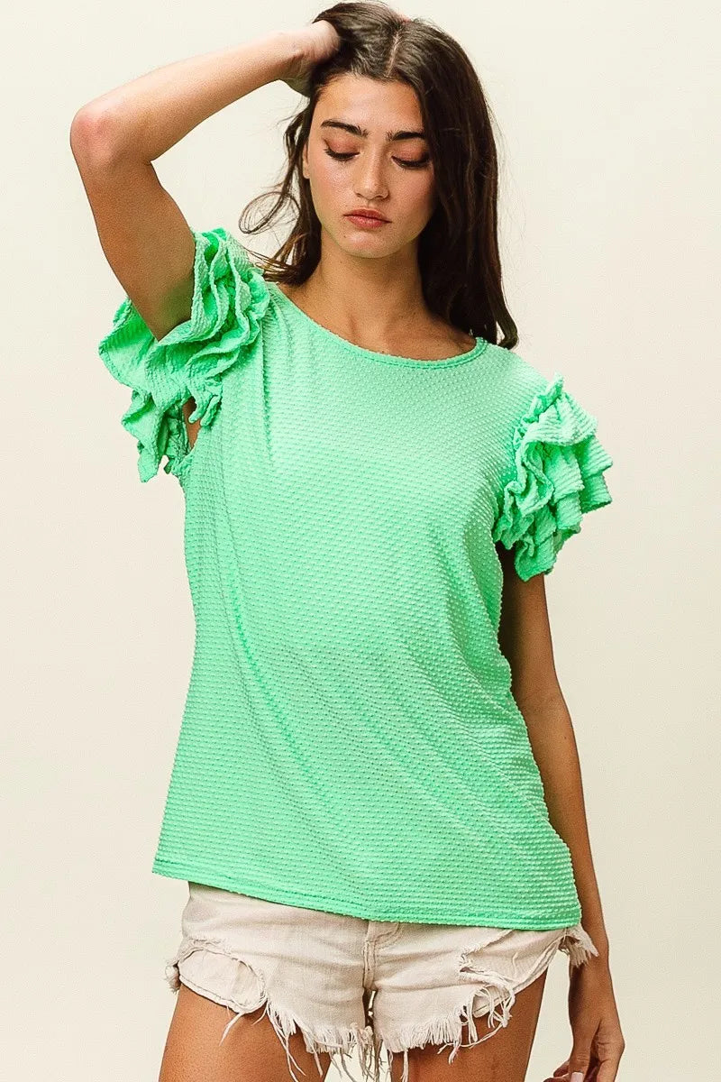 Vibrant mint green BiBi Birdseye ribbed ruffle sleeve top