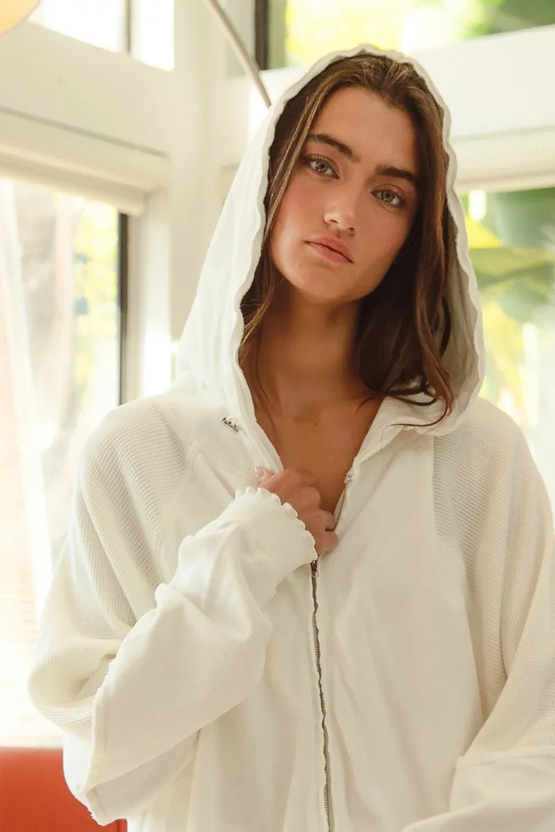 BiBi Waffle Thermal And Terry Mix Washed Zip Up Hoodie | Hoodies Daverri Fashions