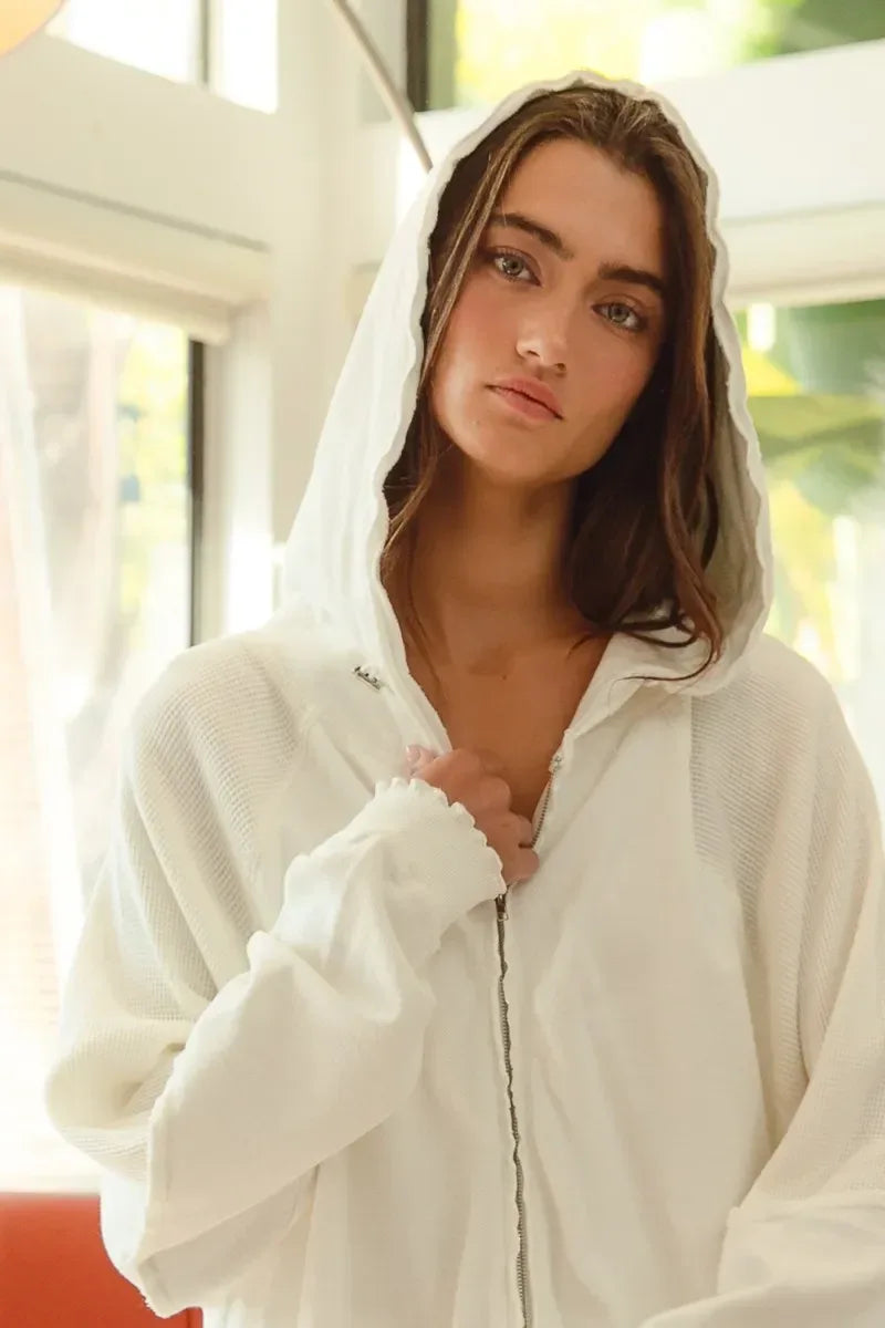 BiBi Waffle Thermal And Terry Mix Washed Zip Up Hoodie - DAVERRI FASHIONS