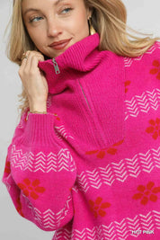 Umgee Floral Patterned Jacquard Quarter-Zip Pullover Sweater Hot Pink | Sweaters Daverri Fashions
