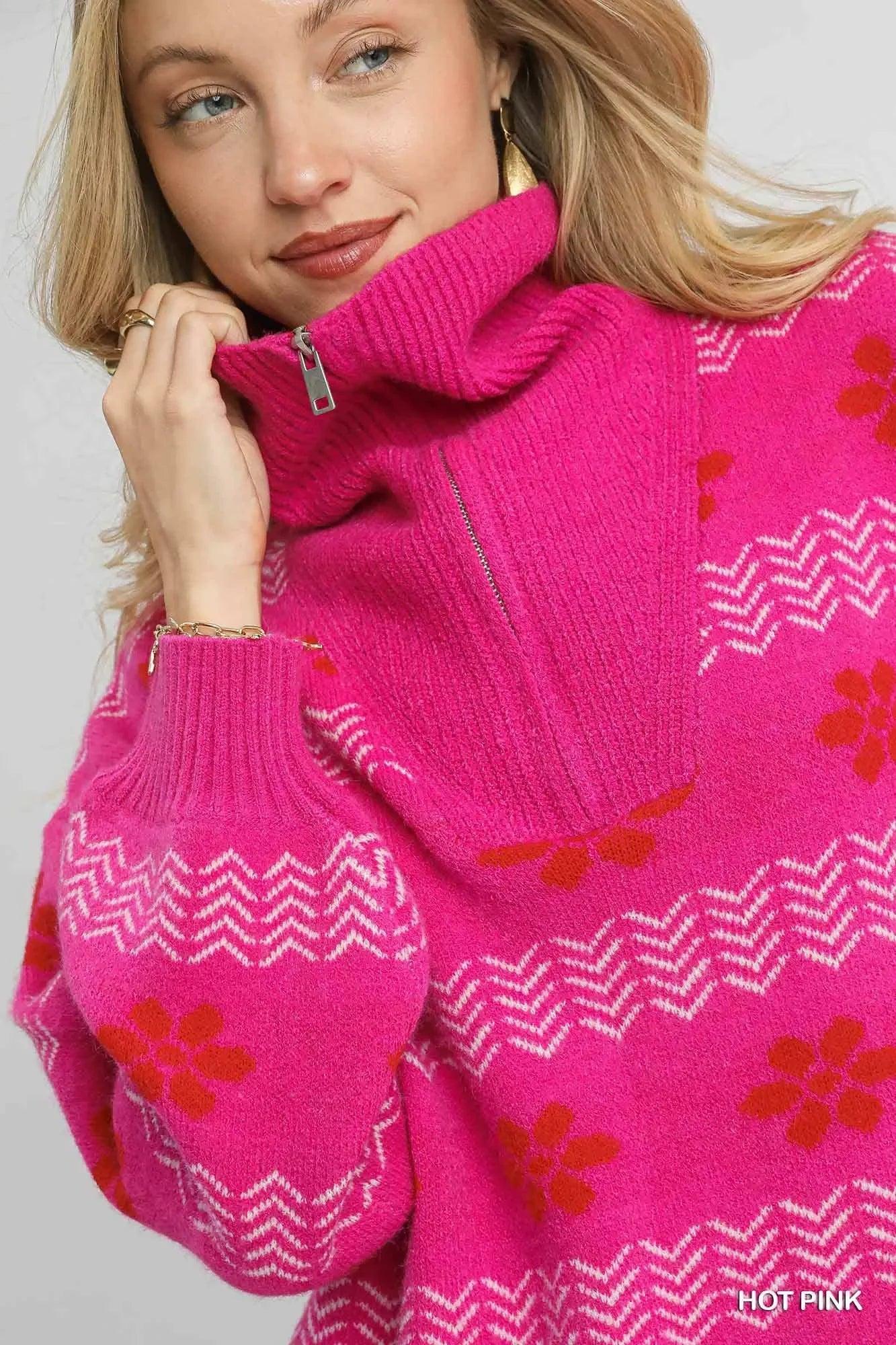 Umgee Floral Patterned Jacquard Quarter-Zip Pullover Sweater Hot Pink - DAVERRI FASHIONS