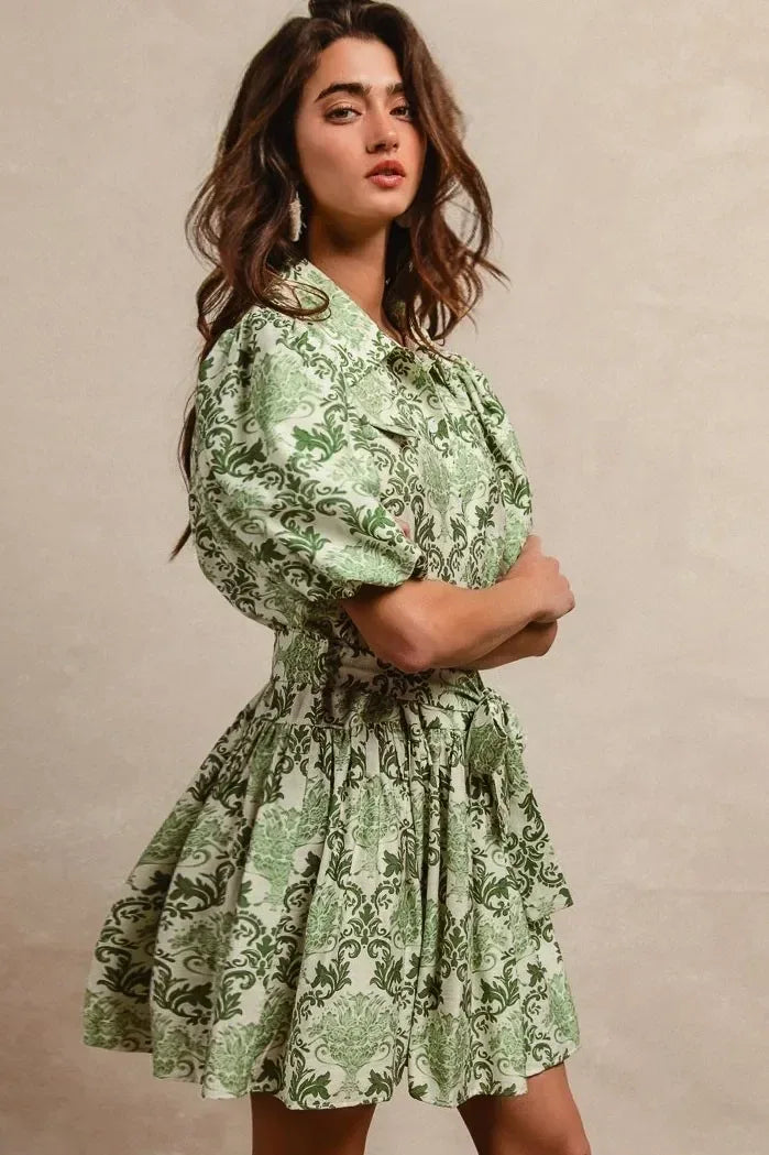 BiBi Tied Floral Short Sleeve Mini Shirt Dress - DAVERRI FASHIONS