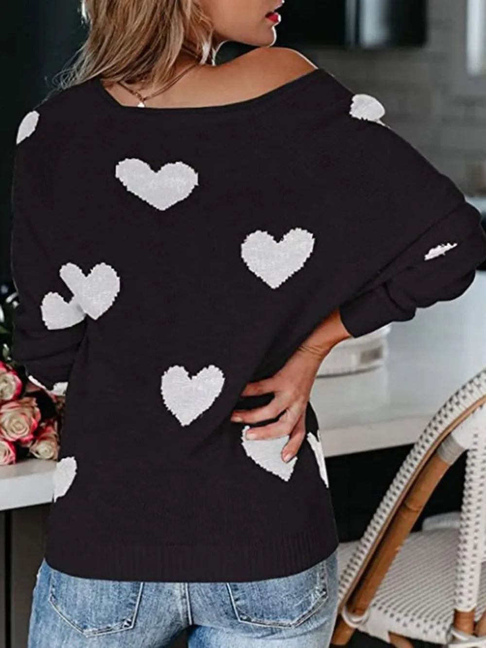 Black off-the-shoulder heart scoop neck long sleeve sweater