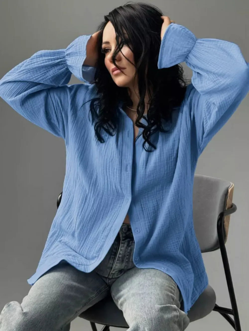 Light blue women’s collared flounce sleeve loose fit cotton shirt