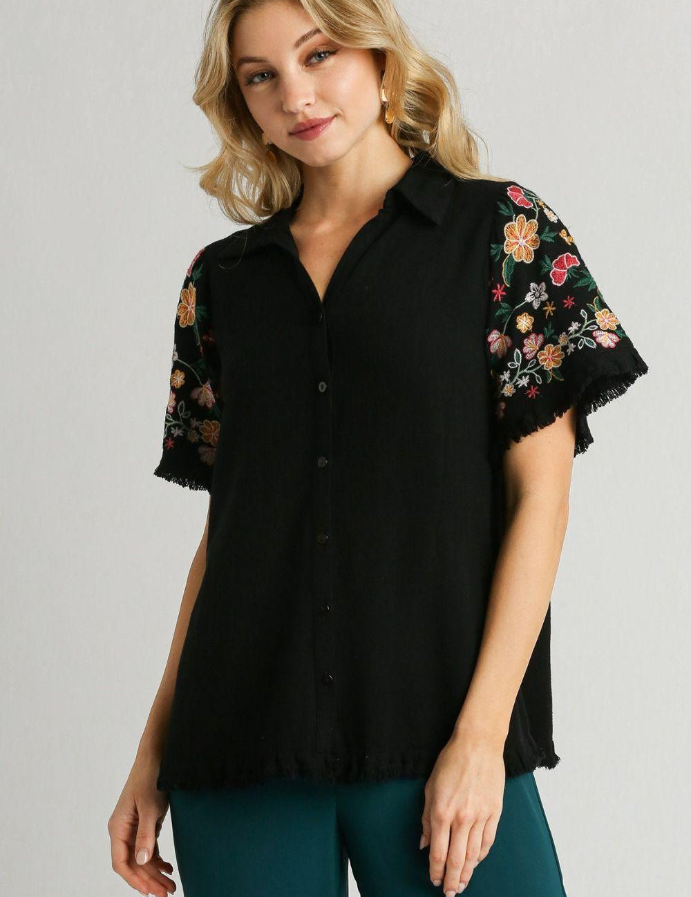 Black Umgee Full Size Linen Shirt with Embroidered Sleeves Plus Size | Daverri Fashions