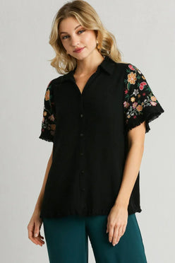 Umgee Full Size Linen Shirt with Embroidered Sleeves Plus Size - DAVERRI FASHIONS