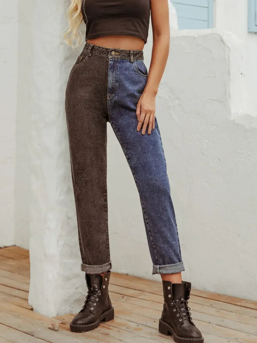 Two Tone Straight Leg Jeans - DAVERRI FASHIONS
