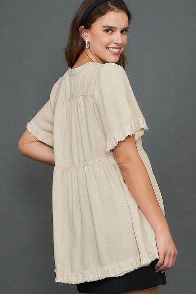 Umgee Full Size Raw Hem Notched Babydoll Linen Blouse Plus Size Blouses