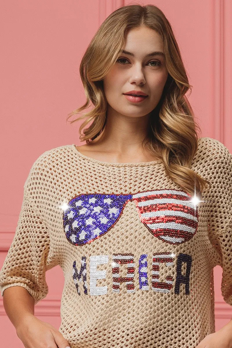 BiBi Sequin American Flag Sunglasses beige crocheted sweater with Merica