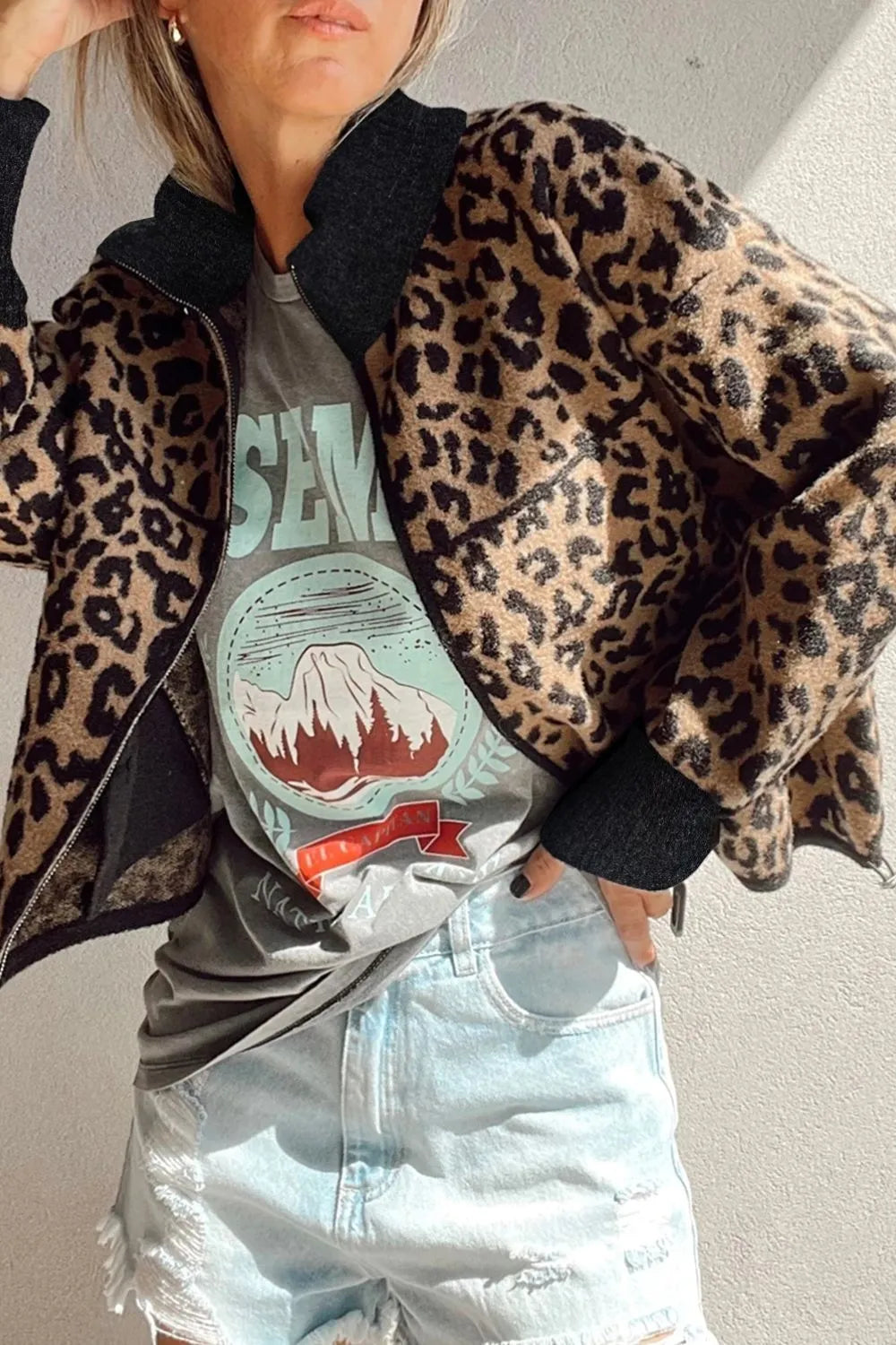 Leopard Zip Up Long Sleeve Jacket | Jackets Daverri Fashions
