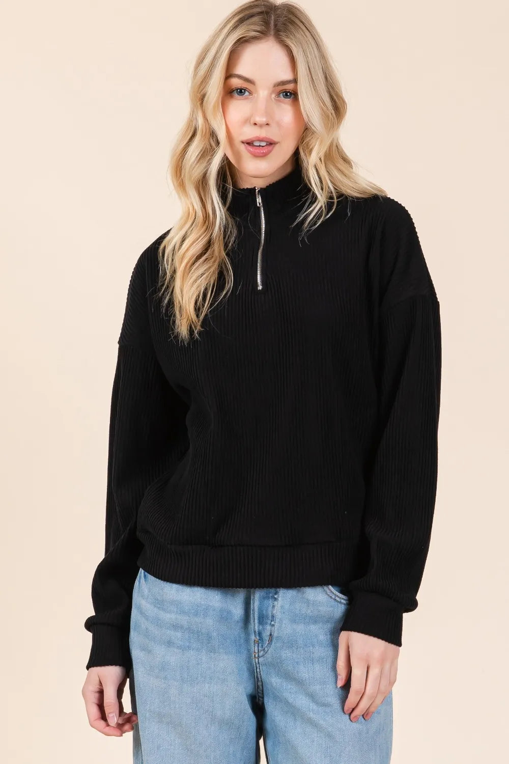 BOMBOM Quarter Zip Long Sleeve Sweatshirt with Pockets Black Sweatshirts