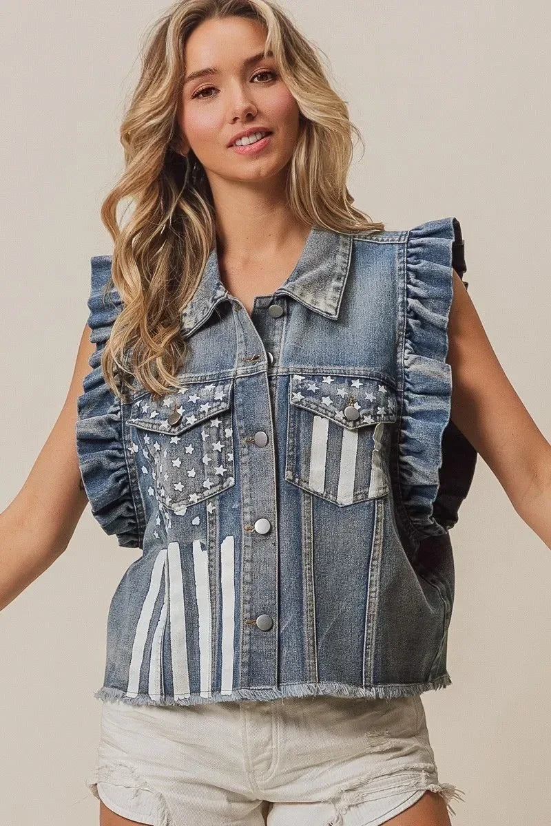 BiBi American Flag Washed Denim Jacket - DAVERRI FASHIONS