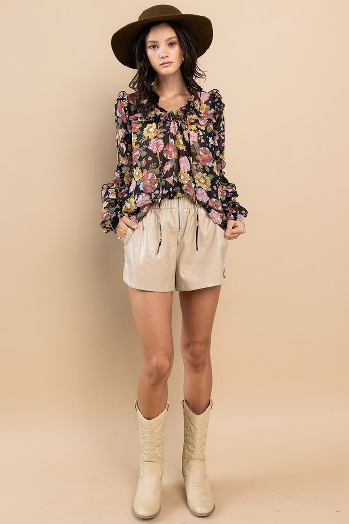 Ces Femme Ruffle Trim Long Sleeve Floral Blouse Blouses