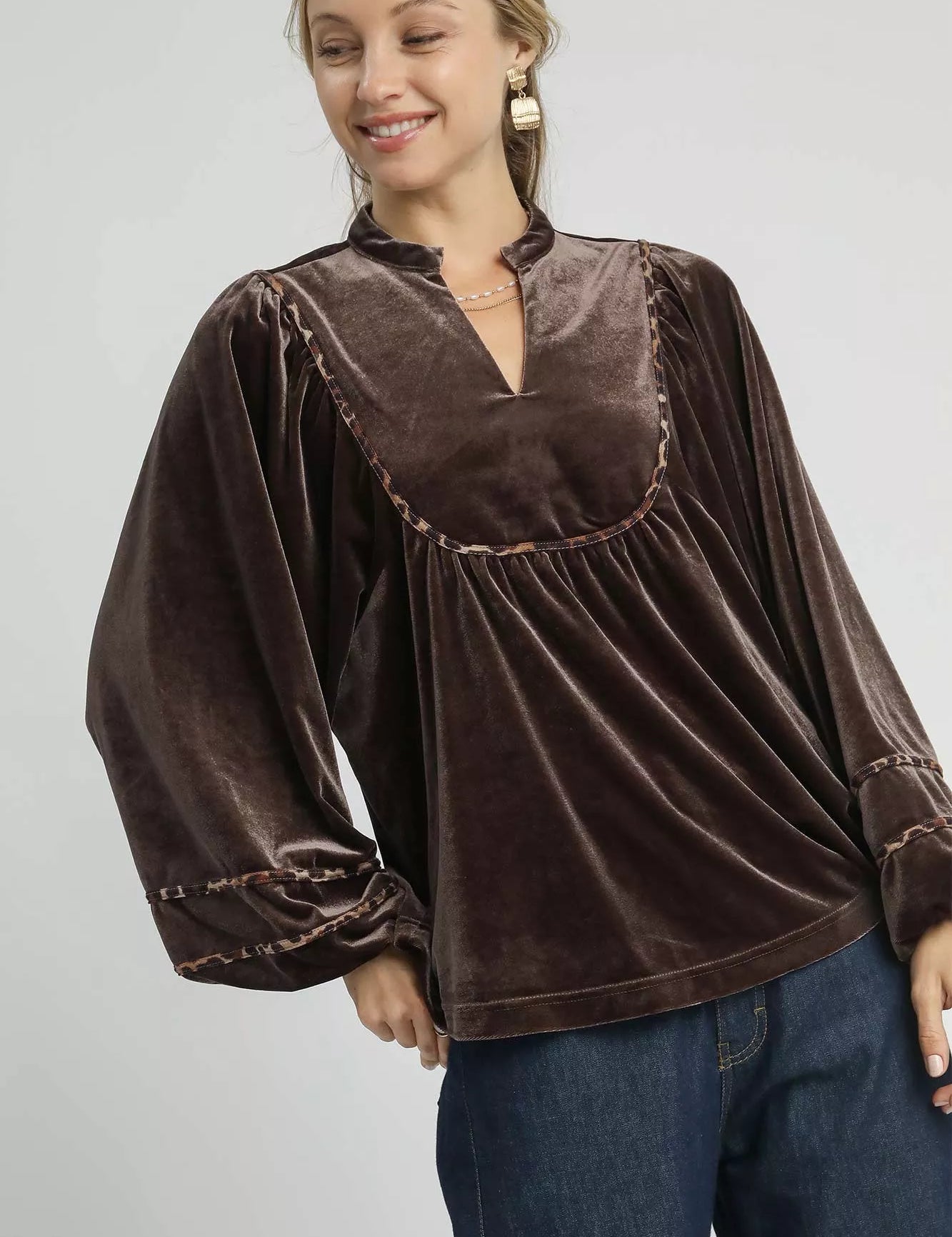 ESPRESSO Umgee Velvet Long Sleeve Blouse with Contrast Trim | Blouses Daverri Fashions