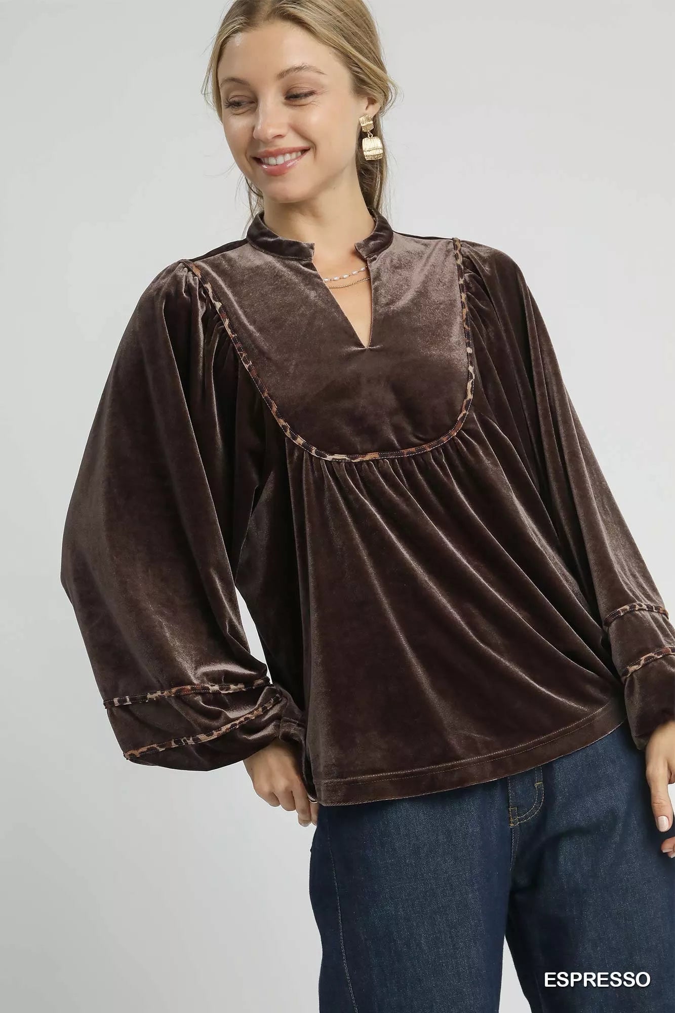 ESPRESSO Umgee Velvet Long Sleeve Blouse with Contrast Trim | Blouses Daverri Fashions