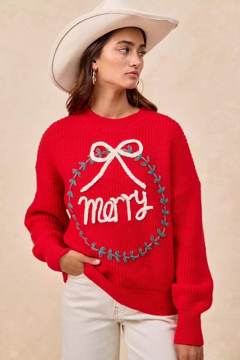 BiBi Christmas Wreath Merry Letter Knit Top | Knit Tops Daverri Fashions